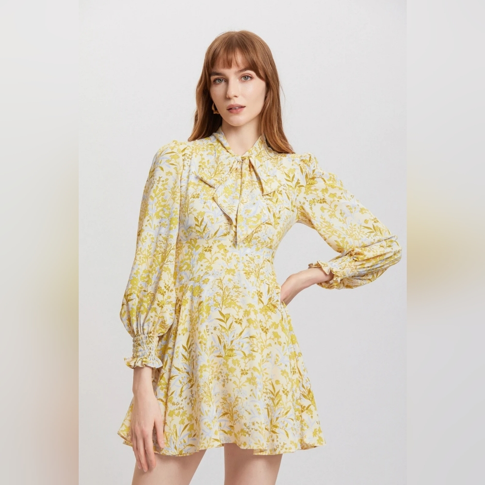 SinceThen‎ Cypress Tie Mni Yellow Print Long Sleeve Dress Size Large